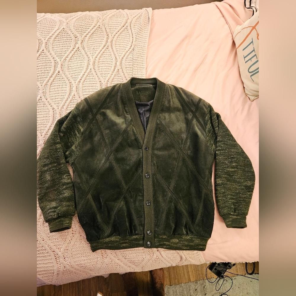 VTG Saxony Collection Mens Leather Cadigan Sweater Hip‎ Hop Textured 3D Green Xl